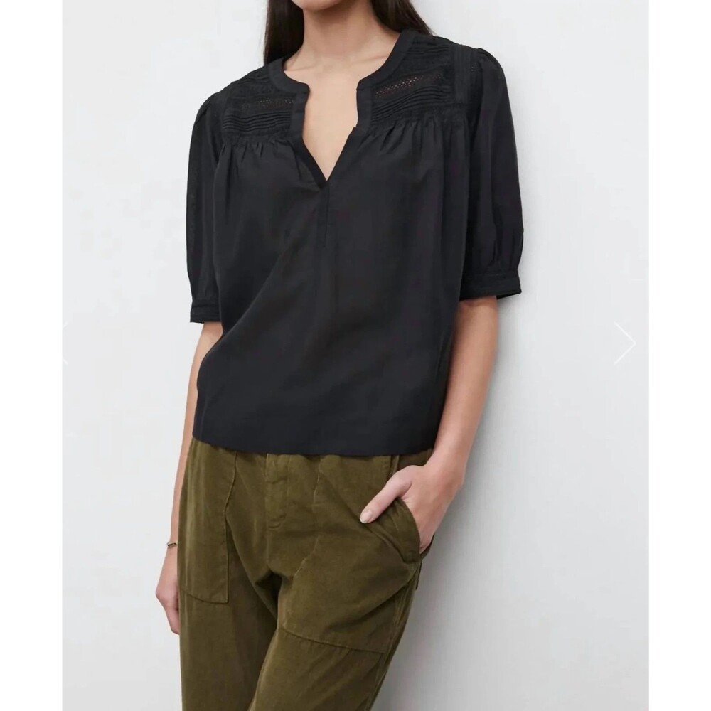Velvet by Graham & Spencer Marci Embroidered Split Neck Top in Black Medium